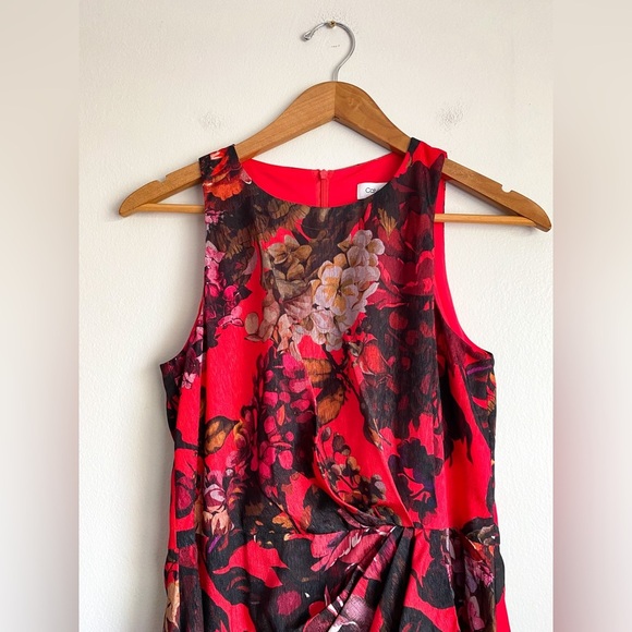Calvin Klein Red Floral Sheath Dress Cascade Pleated Dark Romantic Wedding Midi - Picture 9 of 11